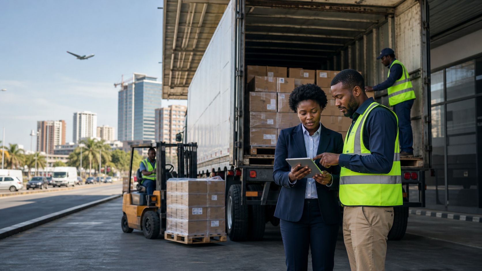 Door delivery coordination in an African commercial district.