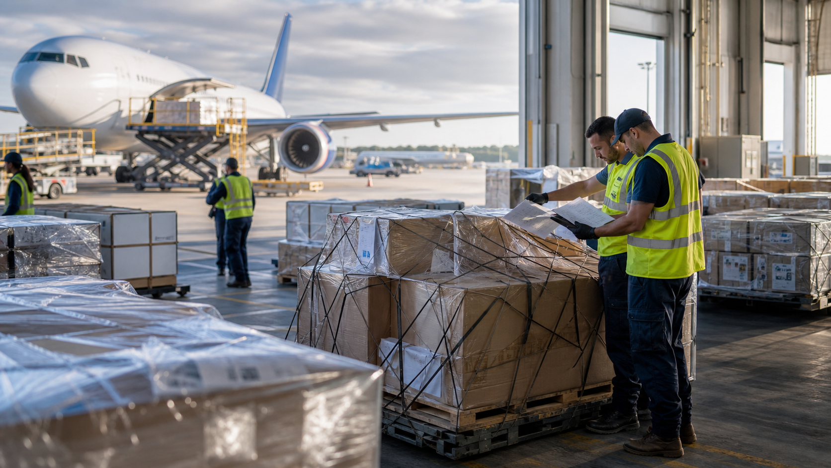 Air freight cargo handling at an airport cargo terminal.