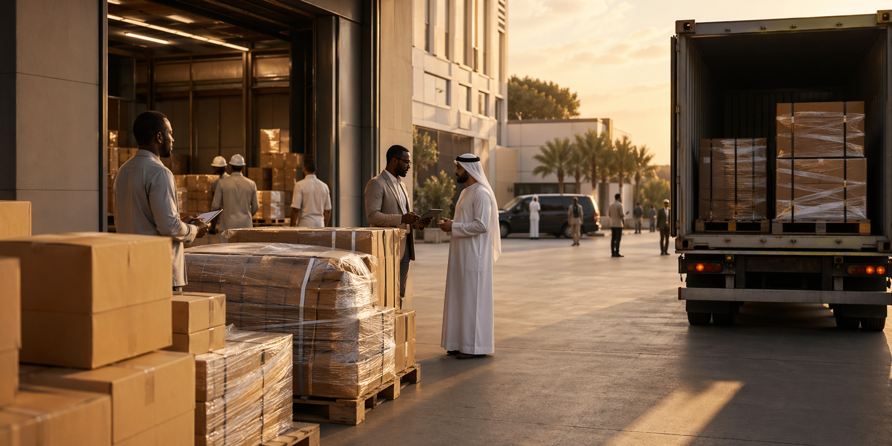 Premium door-to-door delivery coordination with pallets, cargo truck, and business clients at arrival.