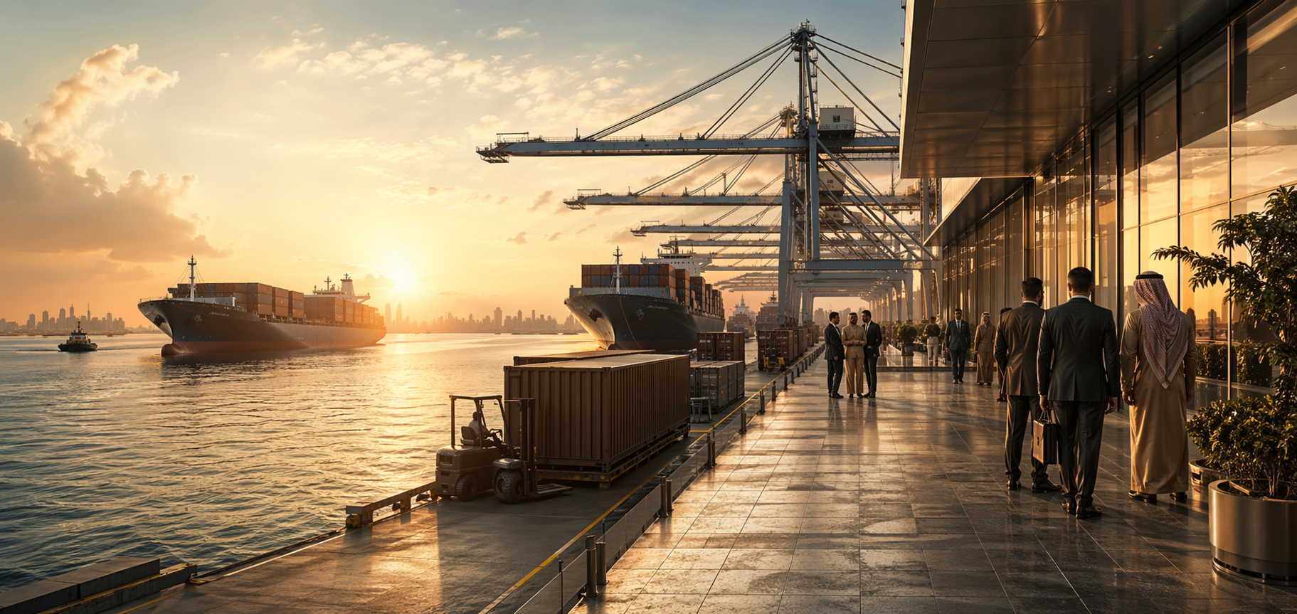 Premium cargo port scene with international trade clients and container vessels at sunset.