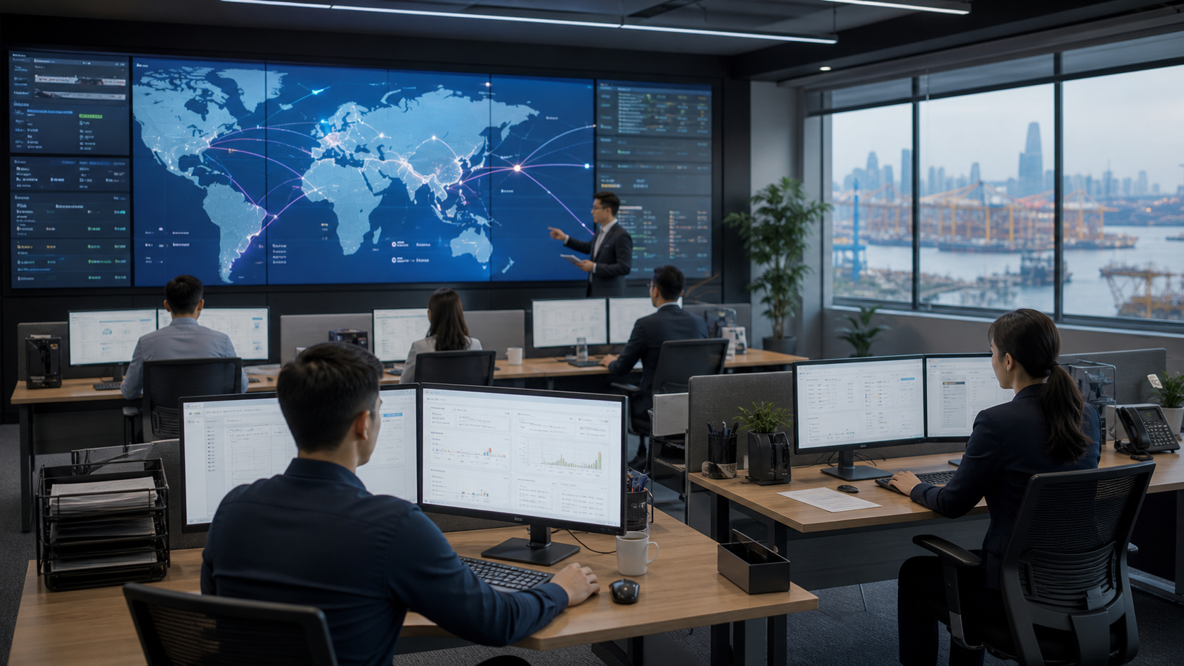International logistics control room managing quote requests and shipment routes.