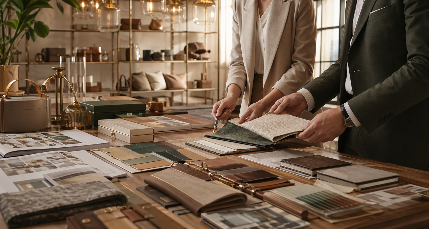 Editorial sourcing table with premium materials, samples, and procurement review.