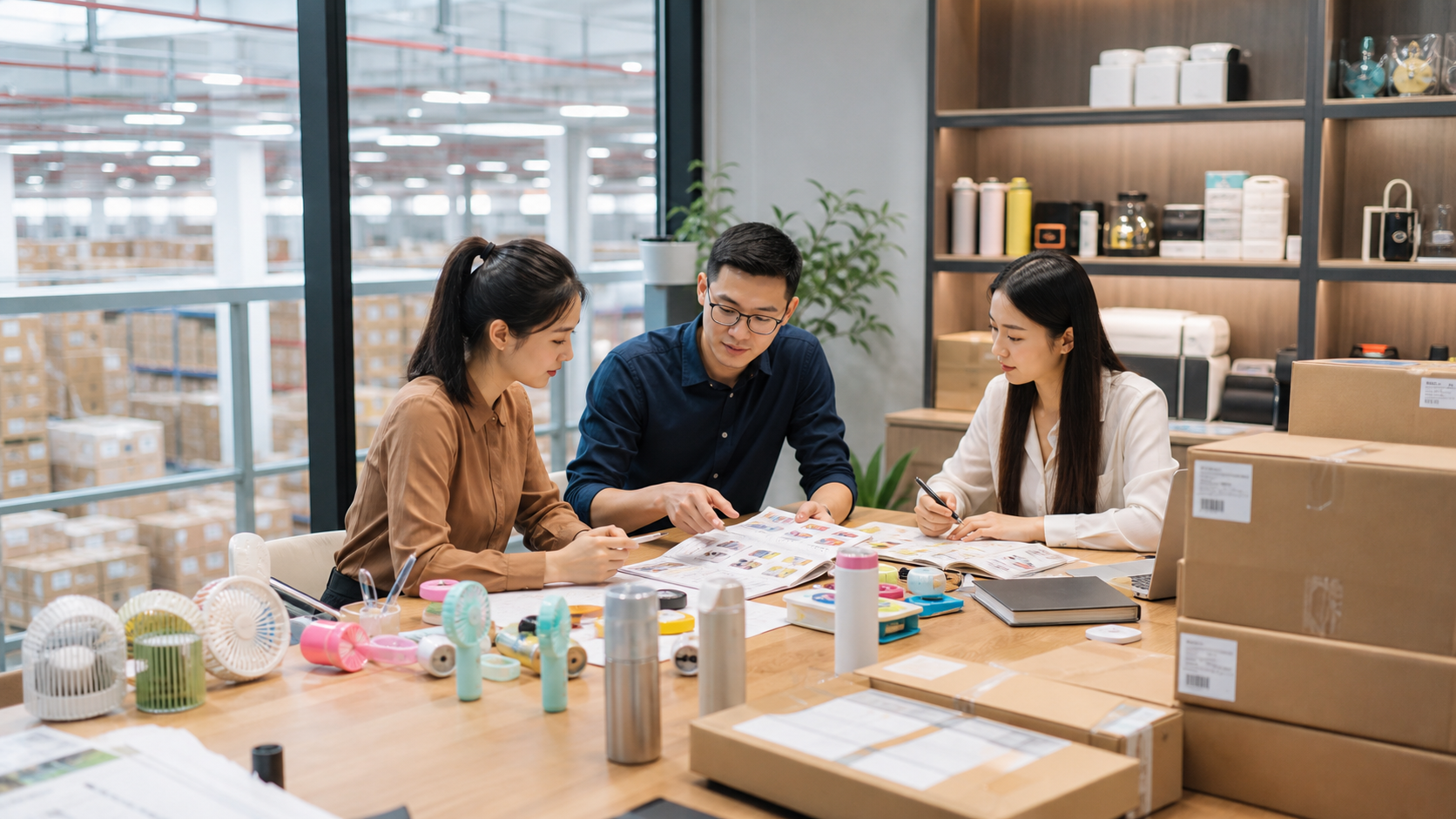 Yiwu sourcing team reviewing product samples and supplier catalogs.
